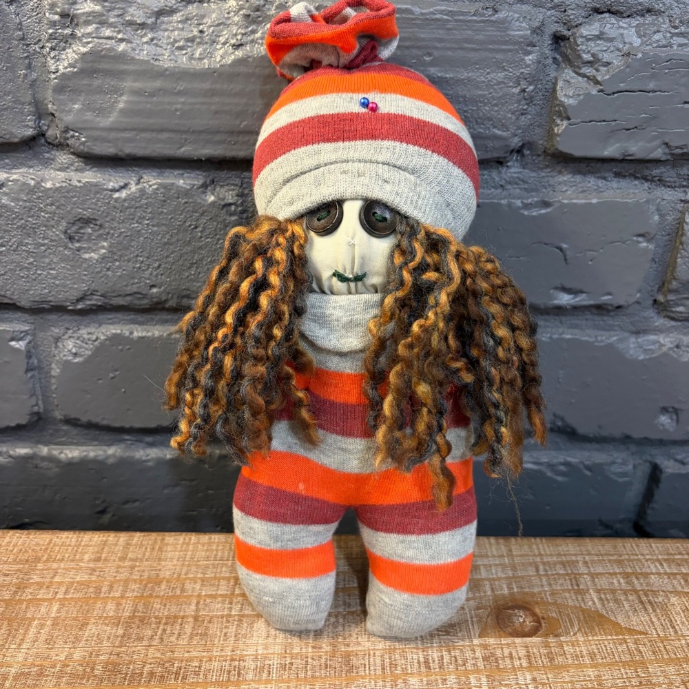 Handmade Primitive Sock Doll Folk Art Plush Striped Yarn Hair Button Eyes 10.5"